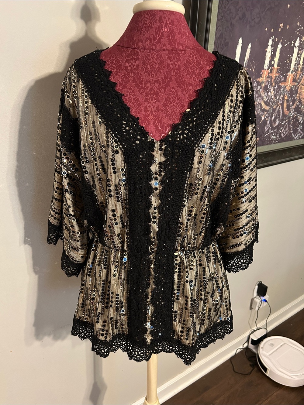 Southern Fried Chicks Black Crochet-Trim Sequin Striped Blouse